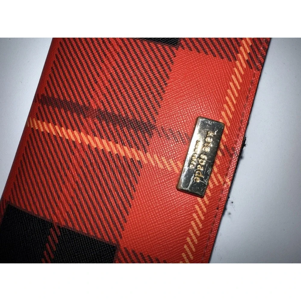 Kate Spade Neda Newbury Lane‎ Plaid Print Red Saffiano Leather Bifold Wallet  K